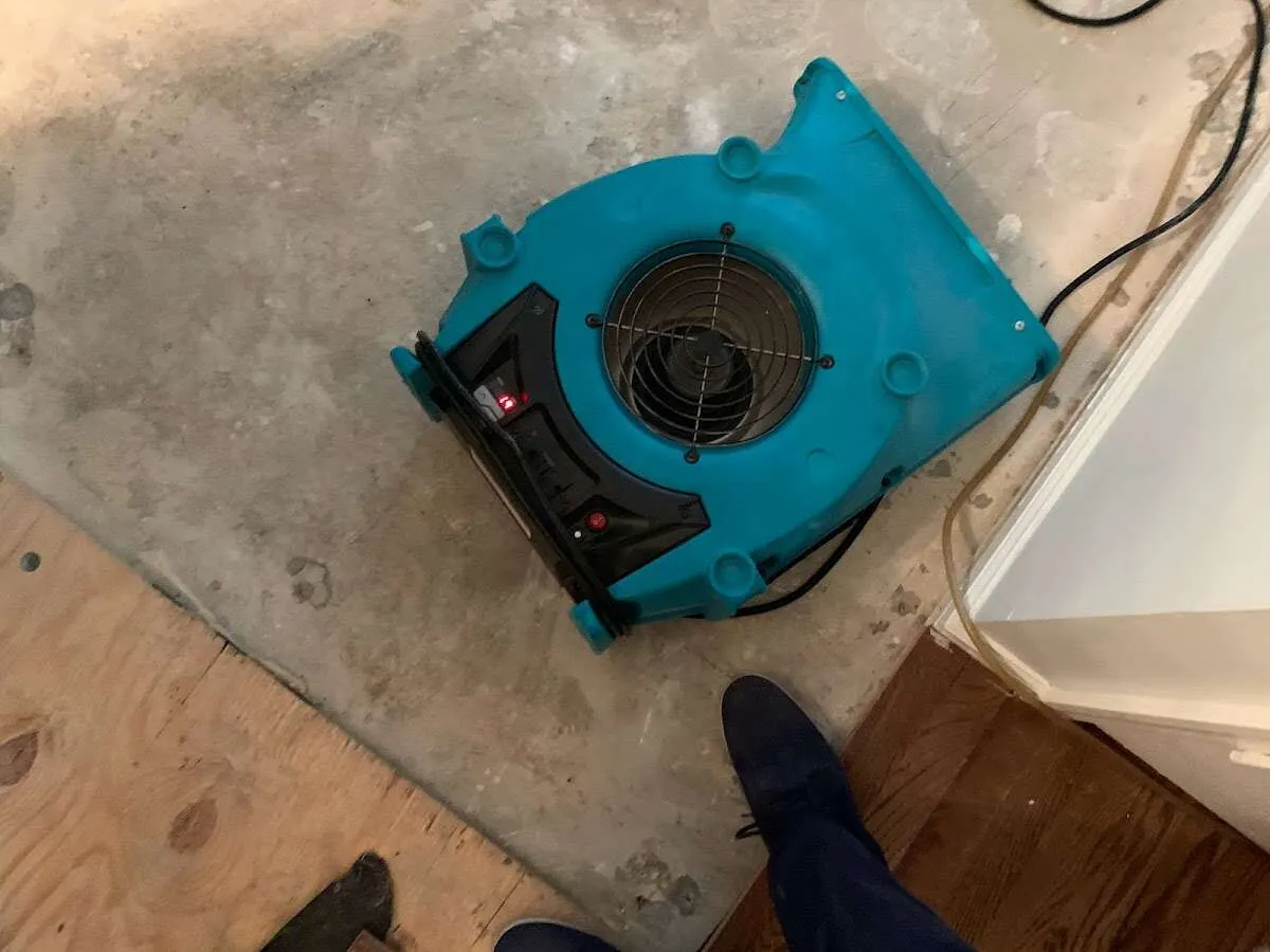 Air mover drying subfloor during Leak Detection & Repair in North Auburn